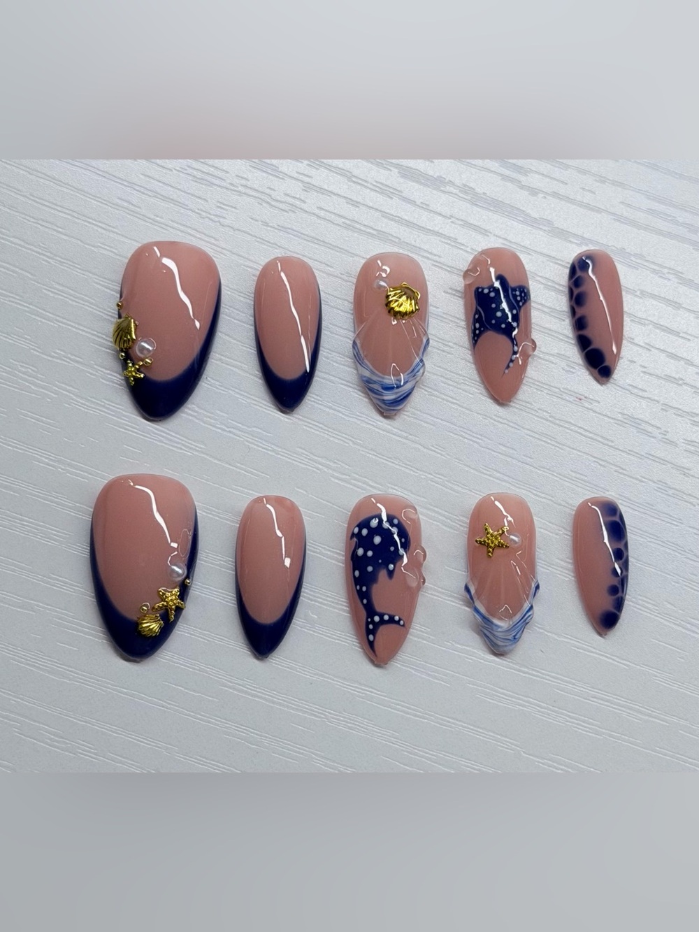 Press on nails ocean theme blue gold & white